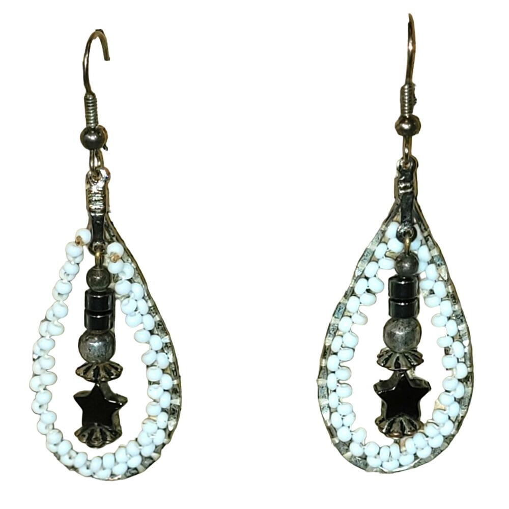 Black & White Tear Drop Beaded Earrings